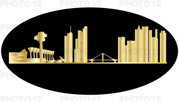 Frankfurt germany city skyline with airport and planes and the bridge and architecture in gold with