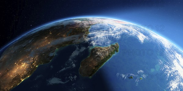 Highly detailed Earth with atmosphere, exaggerated relief and light-flooded cities. Transition from