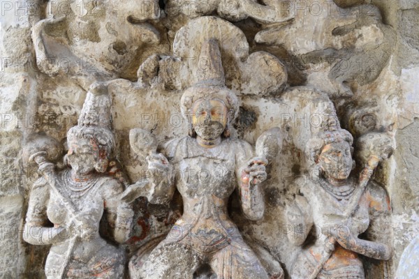 Vishnu Varadaraja Temple, Kanchipuram, Tamil Nadu, Detailed wall relief of three divine figures in