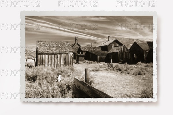 A dusty path between thorny undergrowth leads to wooden houses in the former gold mining town of