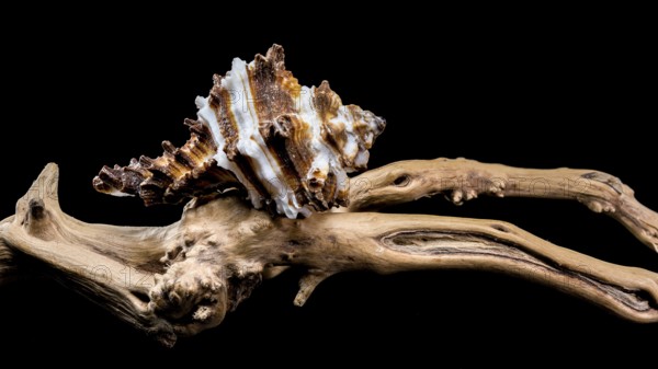 Close-up of an Endive Murex snail shell, Muricidae family, resting on rugged driftwood,