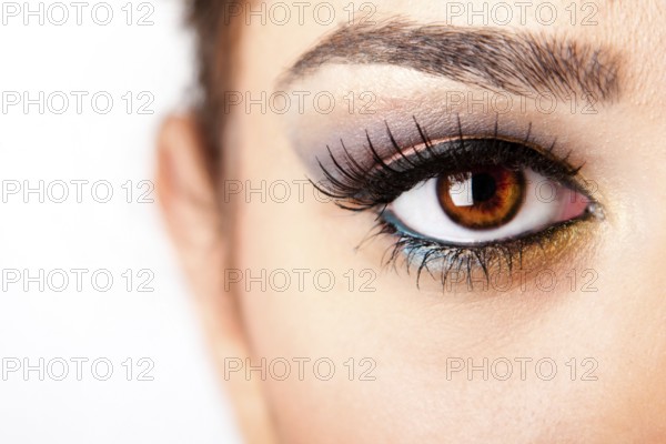 Fashion beautiful female brown watchful eye with long black eyelashes mascara, isolated, New York,
