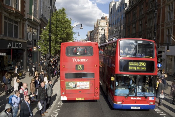 Traffic on Oxford Street, double-decker buses, London