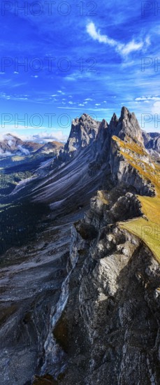 The peaks Sas Rigais and Furchetta of the Geisler group, panoramic photo, drone photo, Val Gardena,