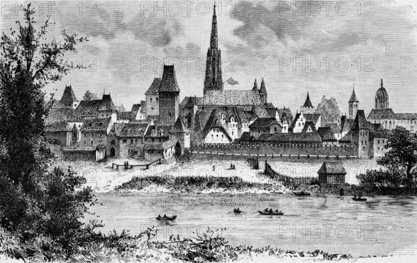 City view across the Danube to Vienna in the 15th century, city wall with battlements and entrance