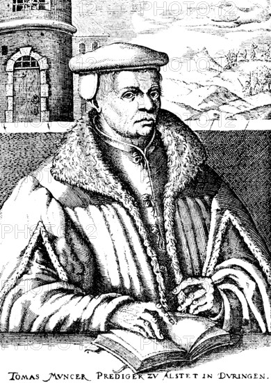 Thomas Müntzer or Münzer (1489-1525) after a woodcut, portrait, in the background depiction of his