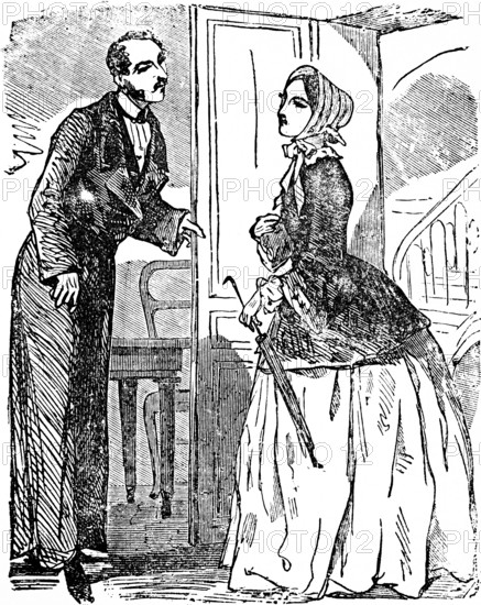 Young woman demands to see the master of the house, servant opens the door with a critical look,