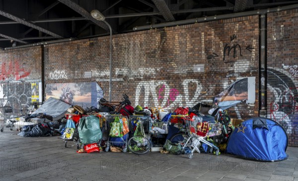 Waste and rubbish collection point, homeless people under the Jannowitzbrücke, Berlin, Germany,