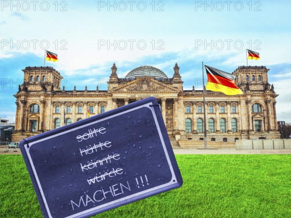 Symbolic image, Bundestag, new government 2025, make sign with request, world crisis, wars,