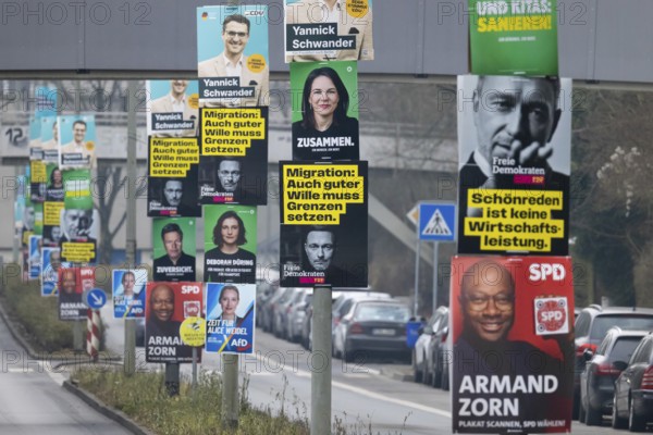 Election posters of the established parties CDU, AfD, Bündnis 90, Die Grünen, SPD and FDP hang on