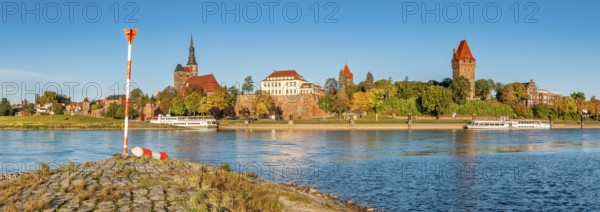 View over the river Elbe to Tangermünde, view of the old town with St Stephen's Church, town wall