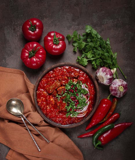 Chashushuli, a traditional Georgian dish, spicy, stewed meat with tomatoes and spices, homemade, no