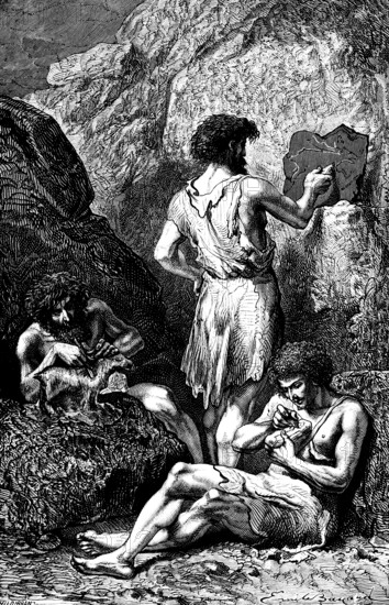 Cave dwellers painting walls and tools, rock cave, stone age, painting, early history of mankind,