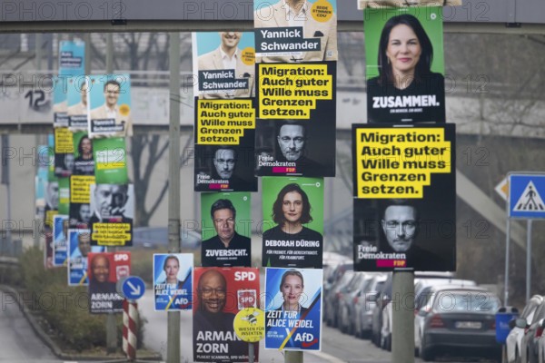 Election posters of the established parties CDU, AfD, Bündnis 90, Die Grünen, SPD and FDP hang on