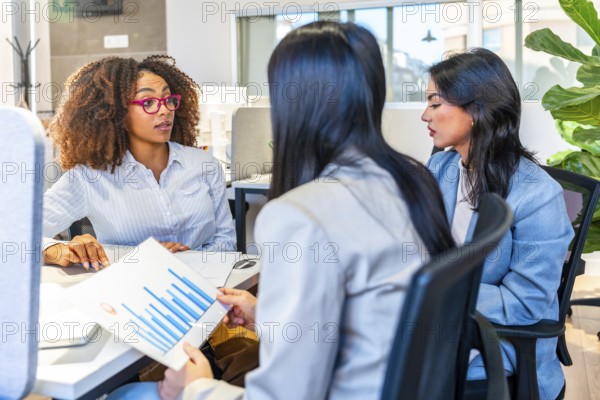 Three businesswomen are discussing over financial charts sitting at a desk in a modern coworking