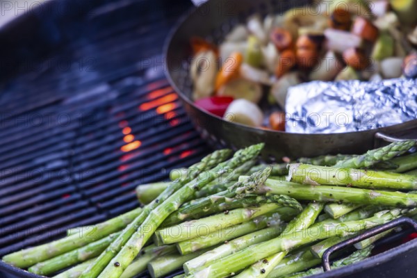 Barbecue, kettle grill with vegetarian and vegan barbecue grills such as grill pan and green