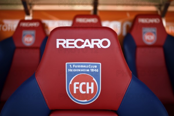 bench, bench, empty, logo, Recaro, seats, Voith-Arena, Heidenheim, Baden-Württemberg, Germany,