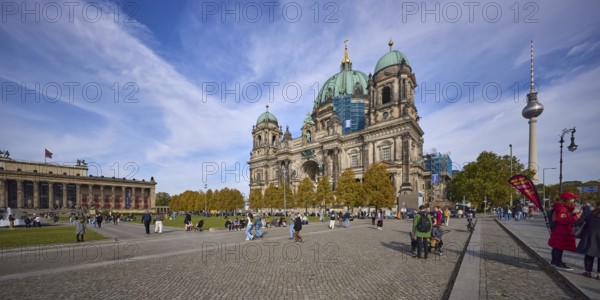 Altes Museum, Berlin Cathedral and television tower blue sky with cumulus and cirrostratus clouds,