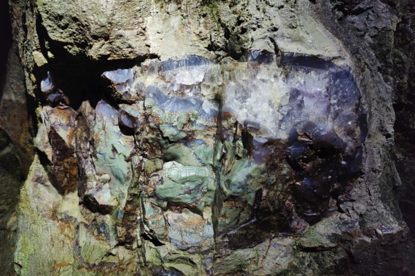 Green jasper with rock crystal in the visitor gallery of the Steinkaulenberg gemstone mines,