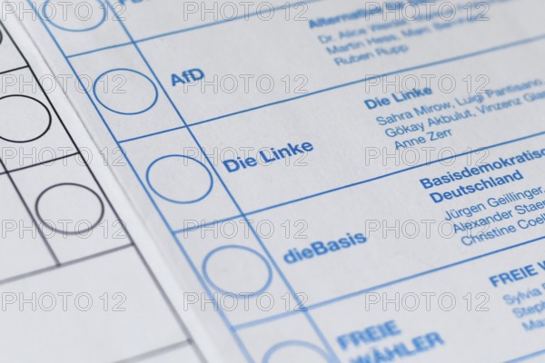 Germany - February 2025: Close up of political party die Linke on ballot paper for German federal