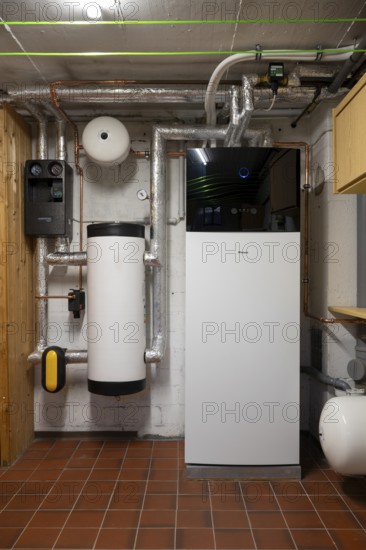 Newly installed air source heat pump in a basement, heating, Kamen, North Rhine-Westphalia,