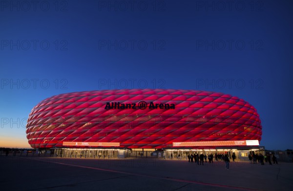 CL, Champions League evening, Allianz Arena, illuminated, overview, blue hour, Munich, Bavaria,