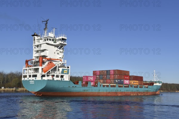 Container ship Hanni sailing in the Kiel Canal, NOK, Kiel Canal, Schleswig-Holstein, Germany,