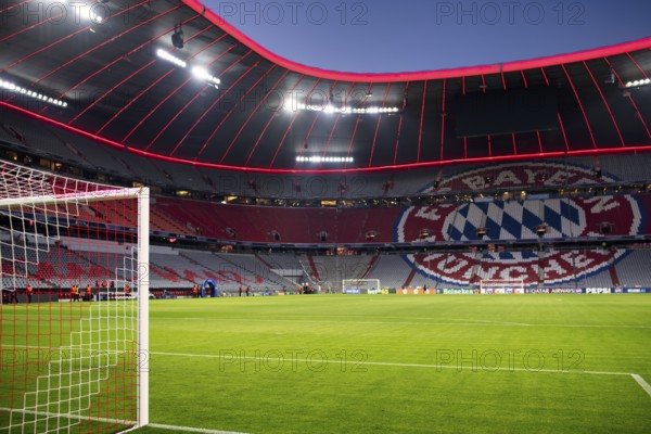 Evening match Allianz Arena, interior, illuminated, LTor, ogo FC Bayern Munich, blue hour, UEFA