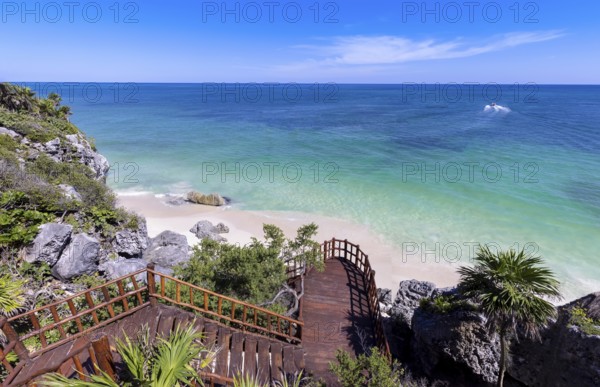 Tulum Archaeological Zone with Mayan pyramids and ruins located on the scenic ocean shore of
