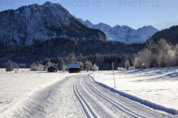 Winter landscape in the snow, cross-country skiing trail through snowy landscape, behind mountains