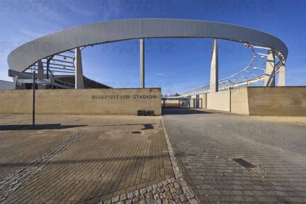 Heinz-Steyer-Stadion, stadium, side entrance, concrete building, roof construction, deep blue sky