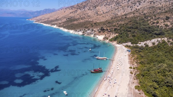 Aerial drone view of the paradise beach of Kroreza or Krorez on the Albanian riviera in Sarande,