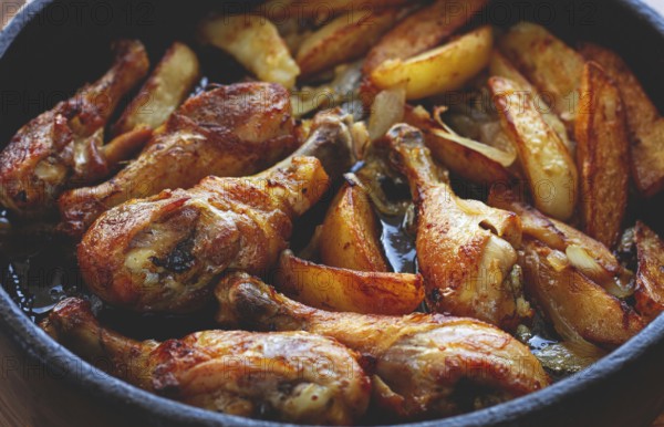 Fried chicken drumsticks with potato slices, in a clay pan, baked in the oven, with spices,