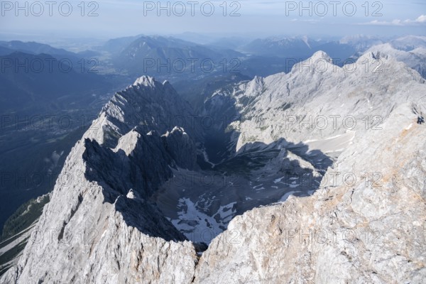 Steep rocky ridge, Waxensteinkamm, with summit Waxenstein, view from the summit of the Zugspitze,