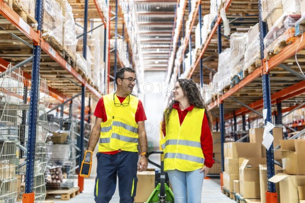 Frontal view of a mature male and young female workers of warehouse walking and chatting while