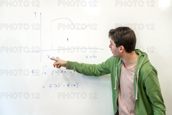 Young college student explaining a mathematical integral calculus formula, pointing at a graph on a