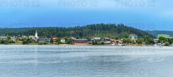 Panoramic view of the landscape seen from the boat on Lake Titisee in the Black Forest, Germany,