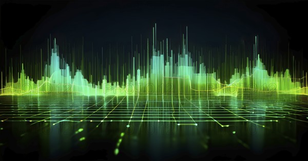 Glowing digital wave forms fluctuating in sync with a pulsating grid background, representing the