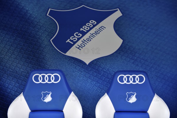 Substitute bench, TSG 1899 Hoffenheim, Logo, Audi, PreZero Arena, Sinsheim, Baden-Württemberg,
