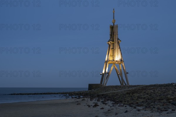 Illuminated Kugelbake, landmark, blue hour, North Sea, Lower Saxony Wadden Sea National Park,