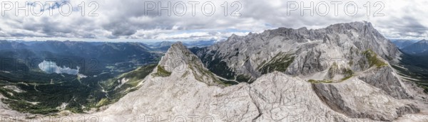 Aerial view, Waxenstein, Eibsee lake and Wetterstein Mountains, Garmisch-Patenkirchen, Bavaria,