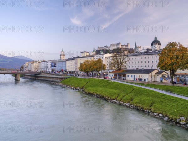 View of the fortress Hohen Salzburg, old town of Salzburg, Salzach, autumn, Salzburg, Austria,