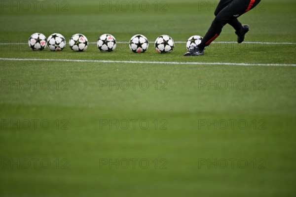 Shot practice, Adidas Derbystar Pro match balls lie on grass, Champions League, Allianz Arena,