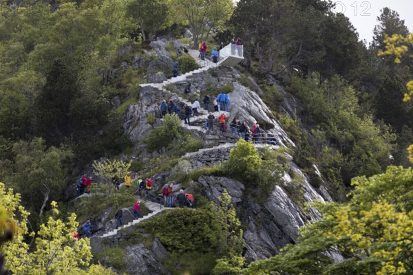 View of the hiking trail to the viewpoint Fjellstua on Aksla from Ålesund, Norway, Scandinavia,