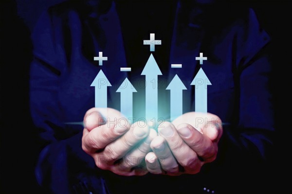 Individual showcasing a holographic projection of upward arrows and pluses, denoting growth and