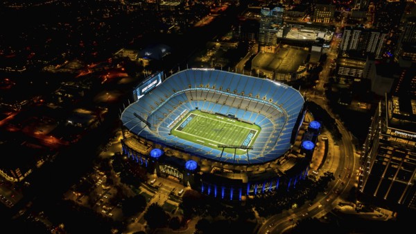 Night aerial view of the Bank of America Stadium, home of the National Football League Carolina