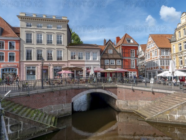 Brick-walled barrel-vaulted bridge Hudebrücke and stairs to the river Schwinge as well as historic