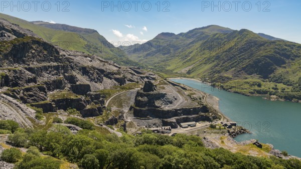 View from Dinorwic Quarry, near Llanberis, Gwynedd, Wales, UK, with Llyn Peris, the Dinorwig Power