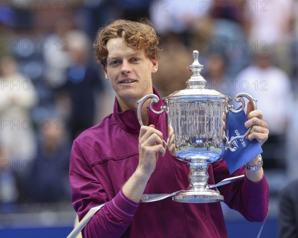 Tennis player Jannik Sinner of Italy holding the trophy during the presentation at the US Open 2024