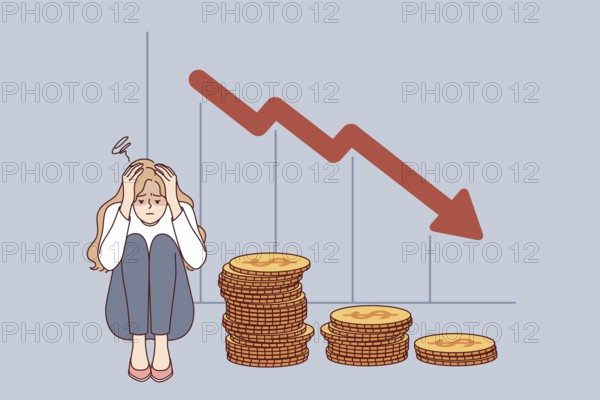 Problem of bankruptcy for girl lost savings due to financial crisis, sitting near falling economic